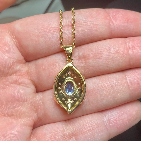 Art Deco Necklace Sapphire Blue Crystal Pendant Gold Amulet CZ Crystal Evil Eye - Picture 3 of 6